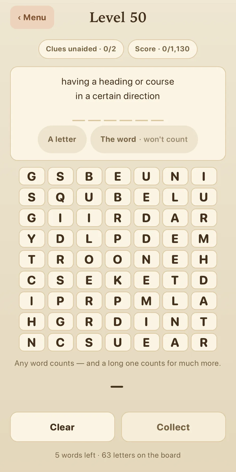 Glyfell level 50 — the definition “having a heading or course in a certain direction” above six masked slots, a 7×9 board of letters, and the note “Any word counts — and a long one counts for much more”