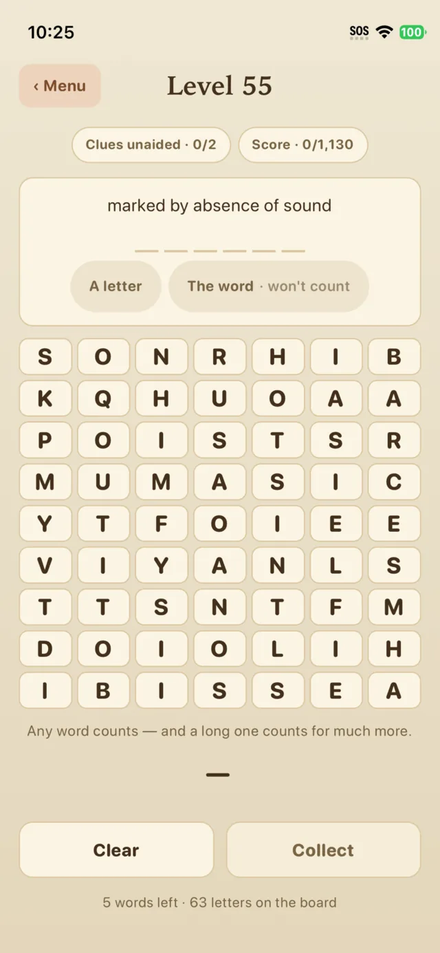 Glyfell level 55 — the definition “marked by absence of sound” above six masked slots, a 7×9 board of letters, and five words left to find