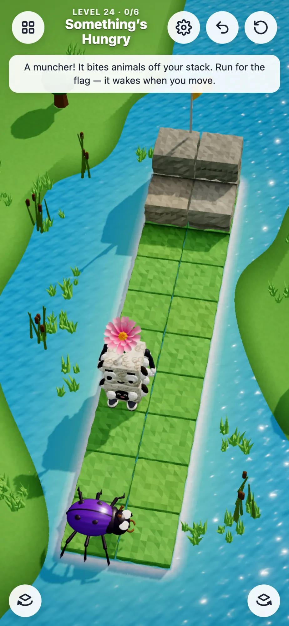 A stack of animals with a flower on top runs along a grassy path as a purple beetle chases it