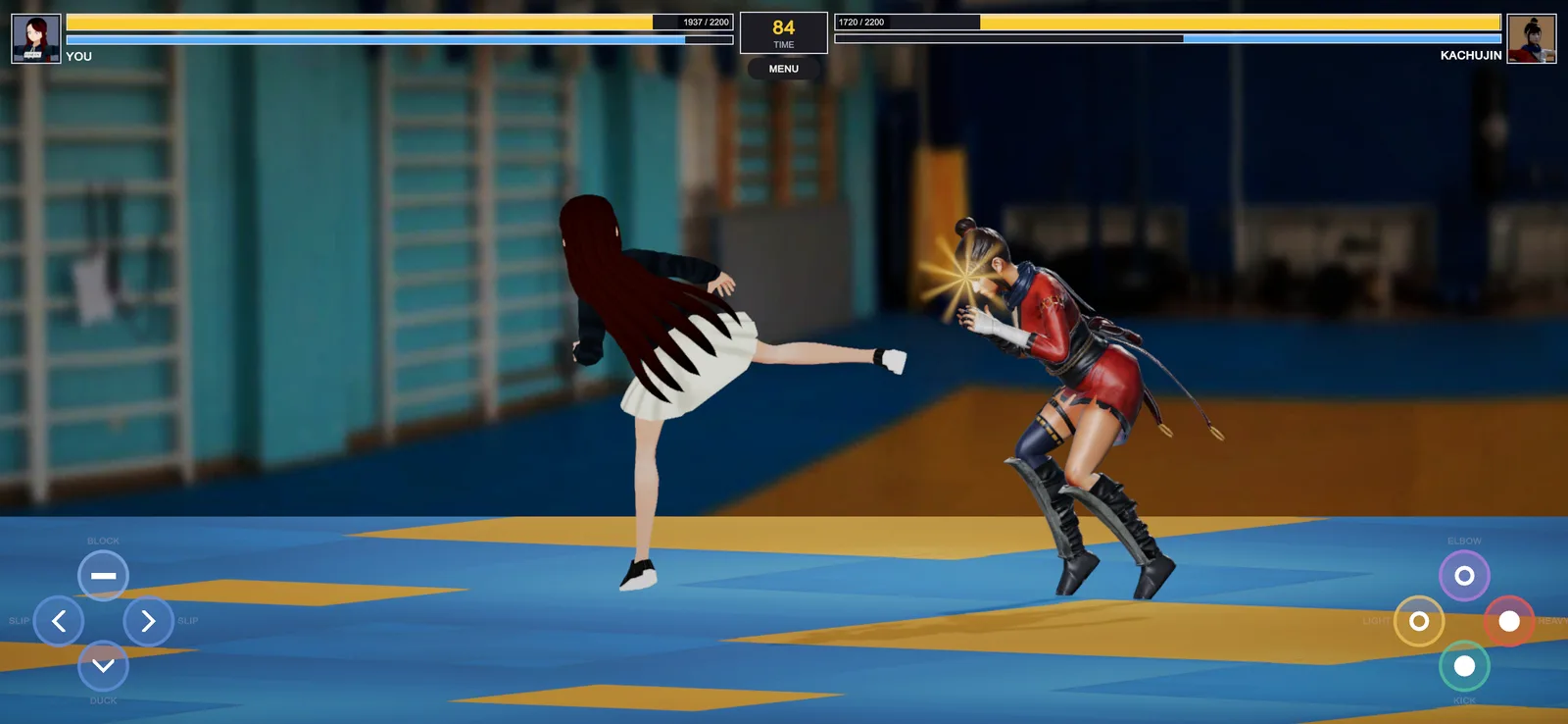 Mio lands a high kick on Kachujin in a gym, health bars across the top