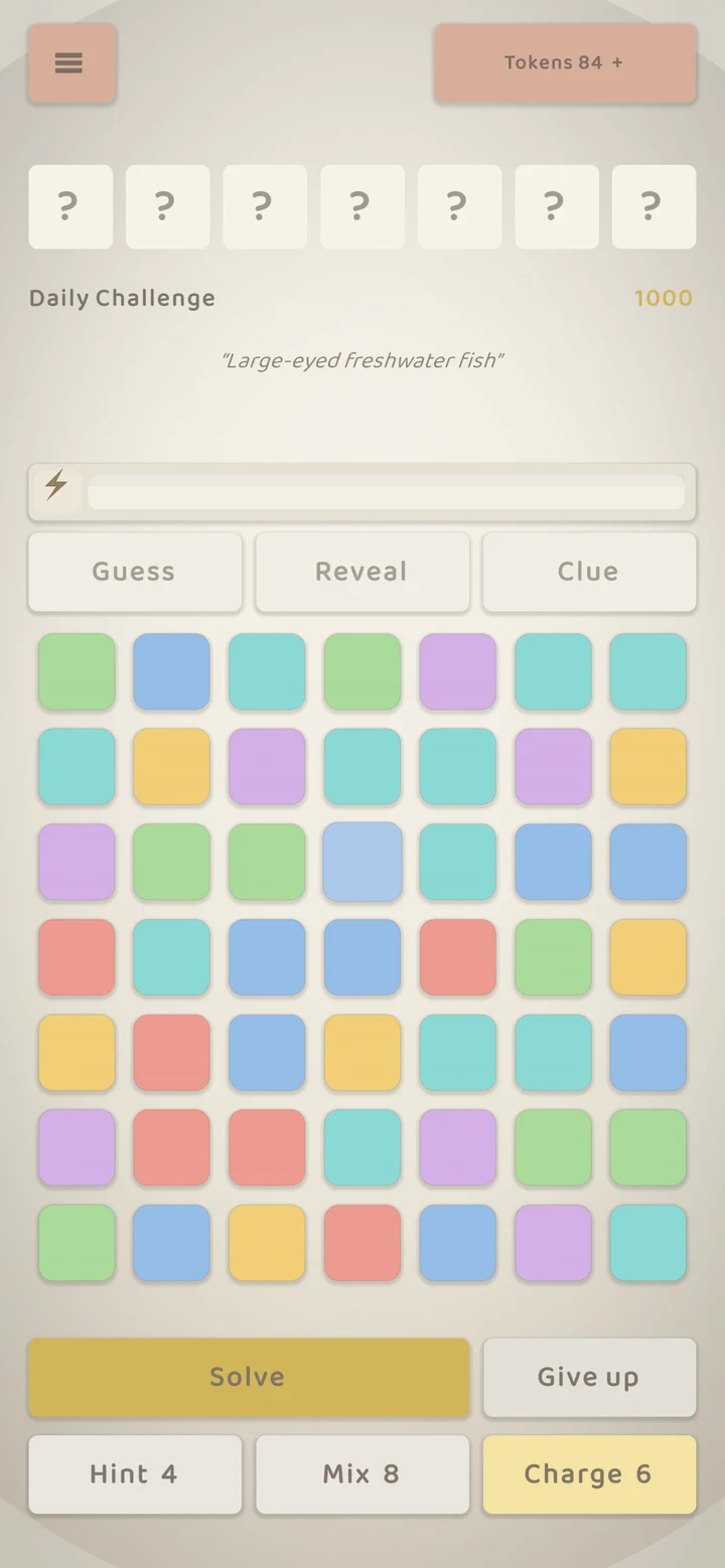 Zigora — a puzzle board with the answer masked behind “?” slots, to deduce from a clue