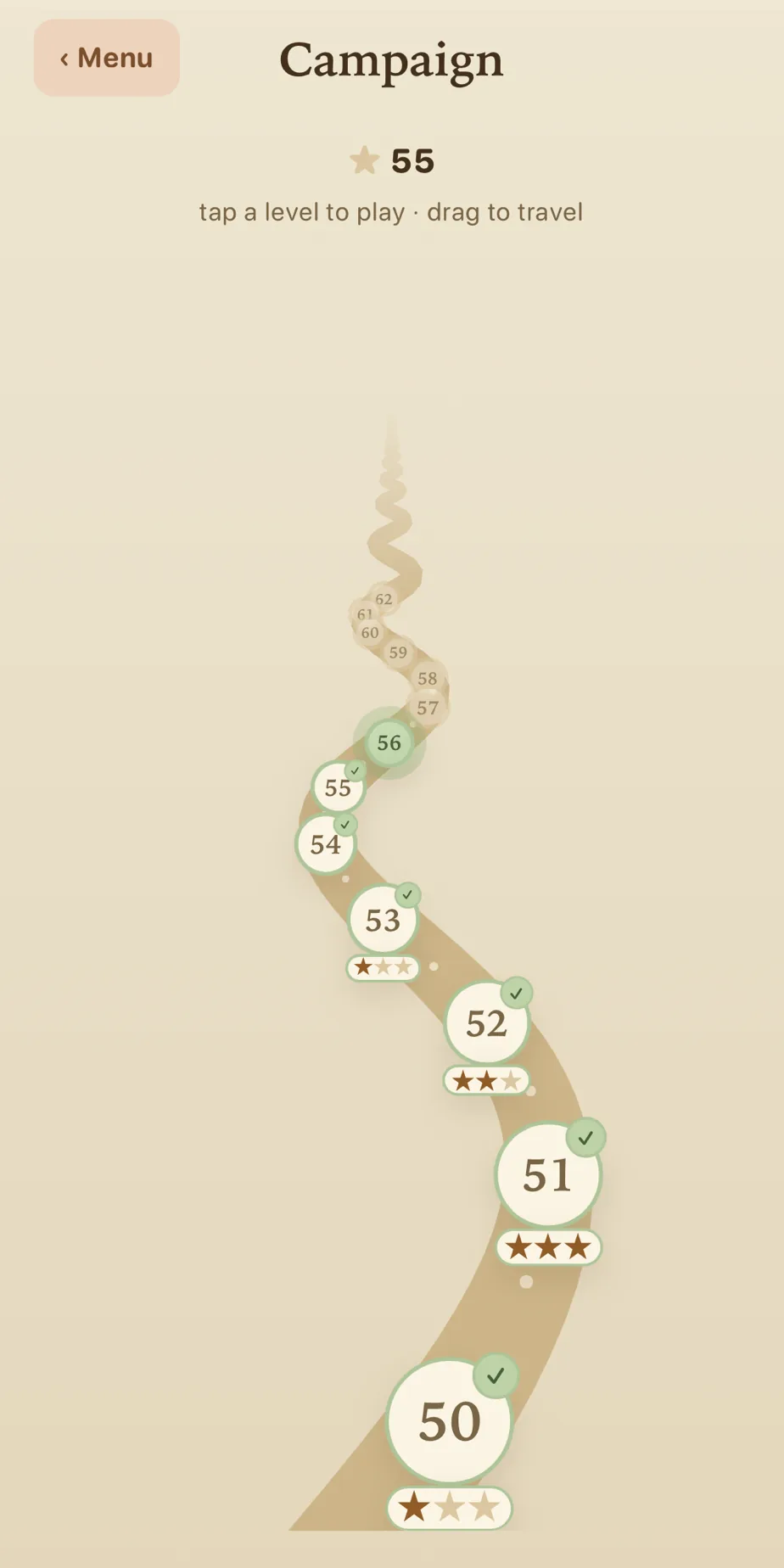 The Glyfell campaign map — a winding road carrying levels 50 to 62, the cleared ones marked with a check and one, two or three stars, and level 56 waiting as the next to play