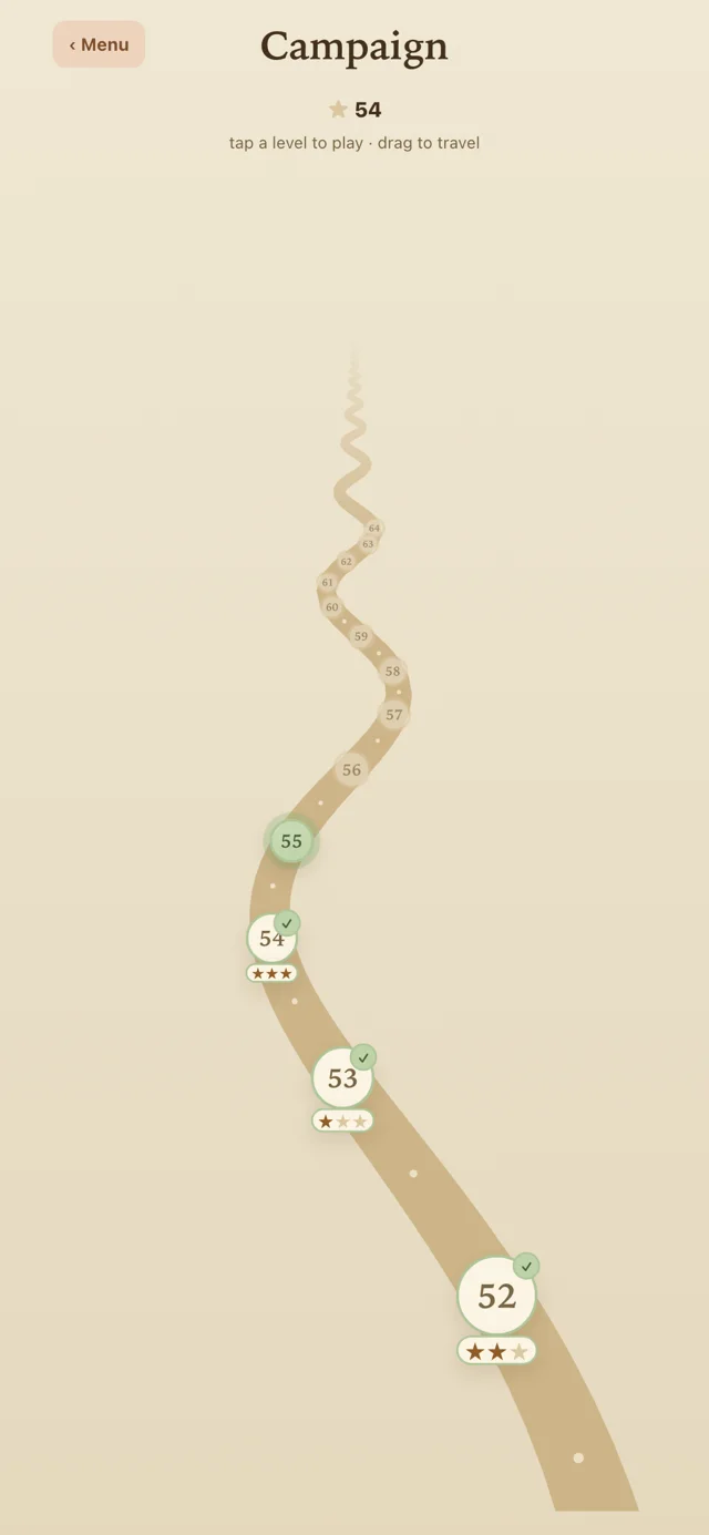 The Glyfell campaign map — cleared levels marked with one, two and three stars along a winding path