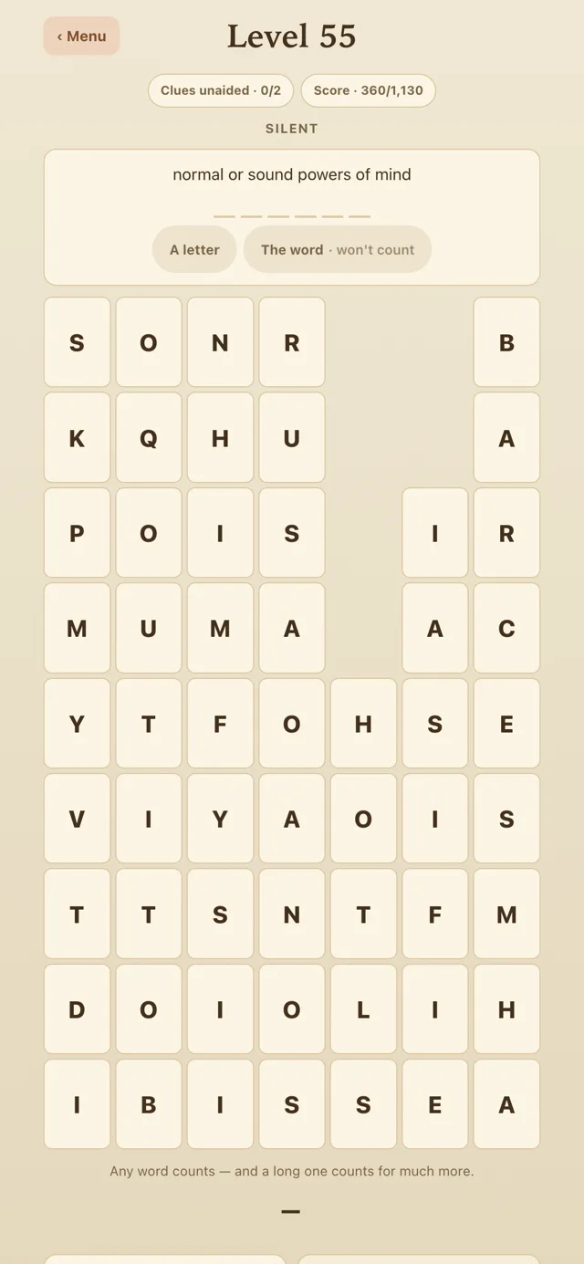 A Glyfell board after SILENT was taken — two columns collapsed, with gaps at the top and a fresh clue below