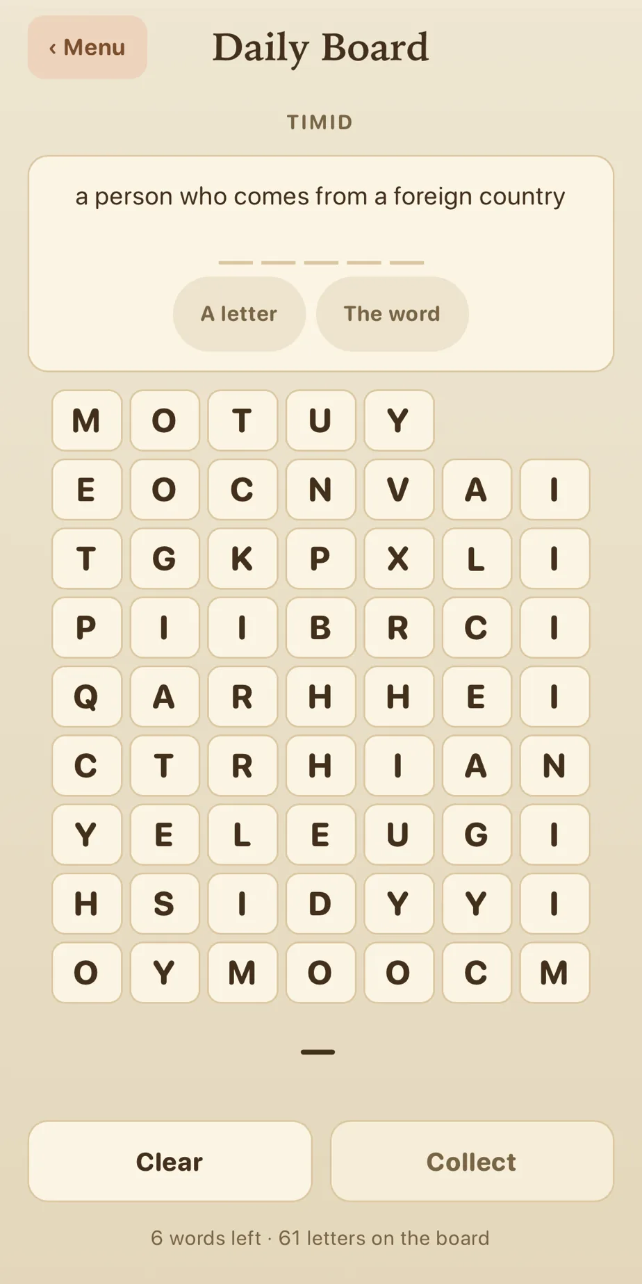 A Glyfell Daily Board — the word TIMID already taken, the clue “a person who comes from a foreign country” above five masked slots, a board of letters, and six words left with 61 letters on the board