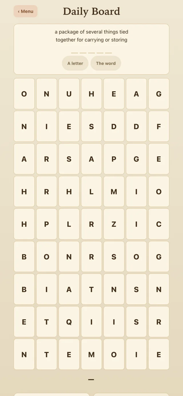 A Glyfell Daily Board — the clue “a package of several things tied together for carrying or storing” above a 7×9 board of letters