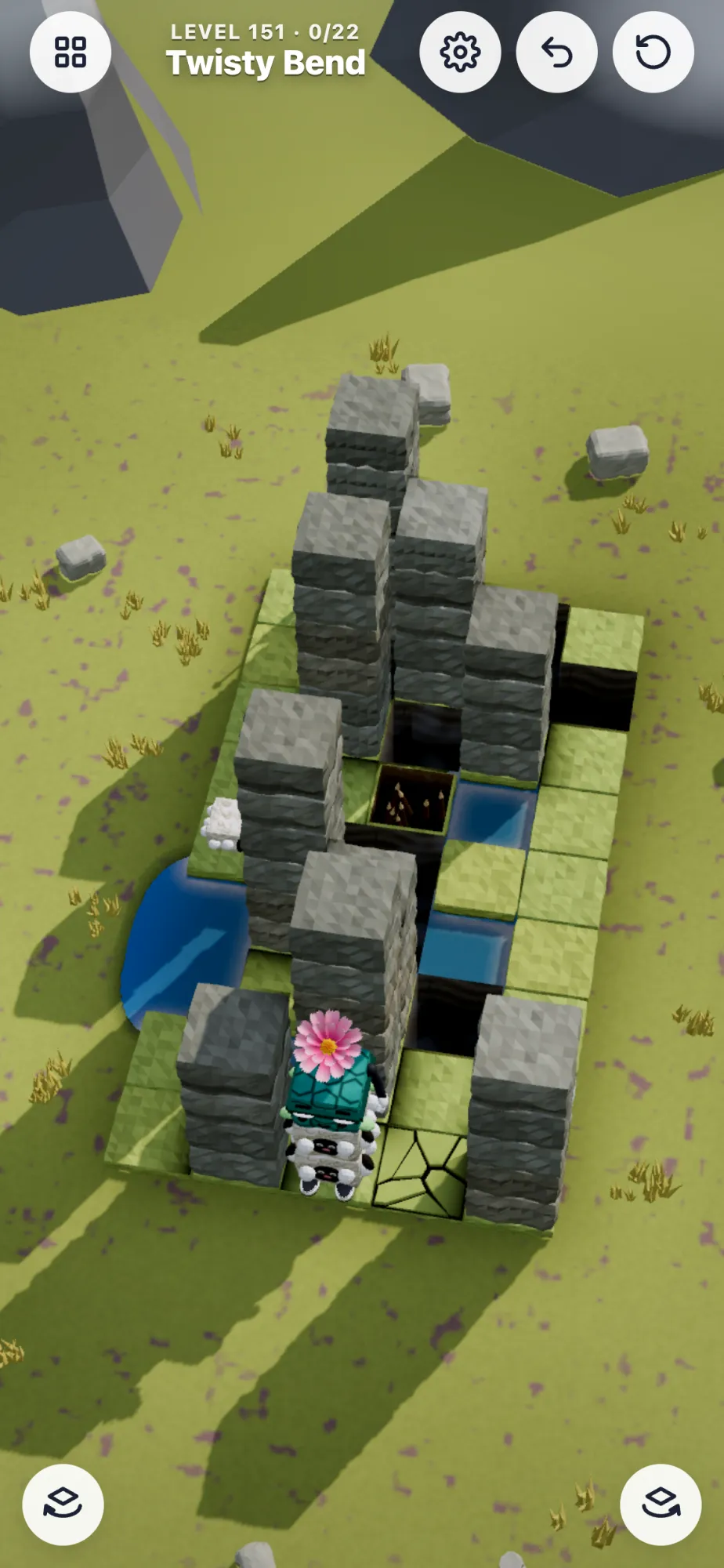 A puzzle board with stone towers, pits and cracked tiles in the Highlands