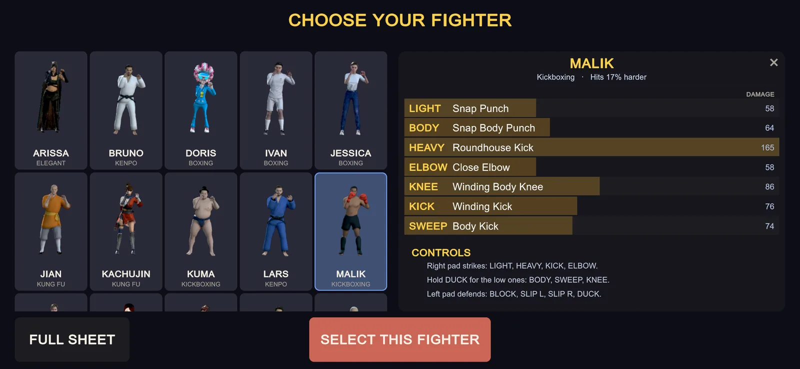 Fighter select: the roster on the left and Malik's moves and damage on the right