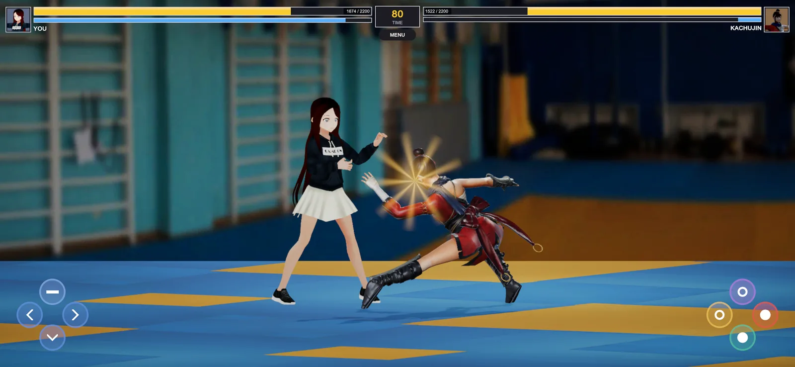 Mio strikes Kachujin mid-lunge with a burst of impact
