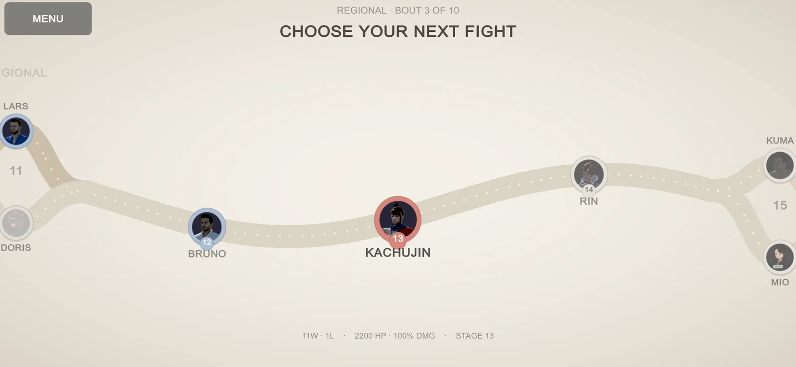 A winding road of opponent portraits with a choice of two fighters at some stops